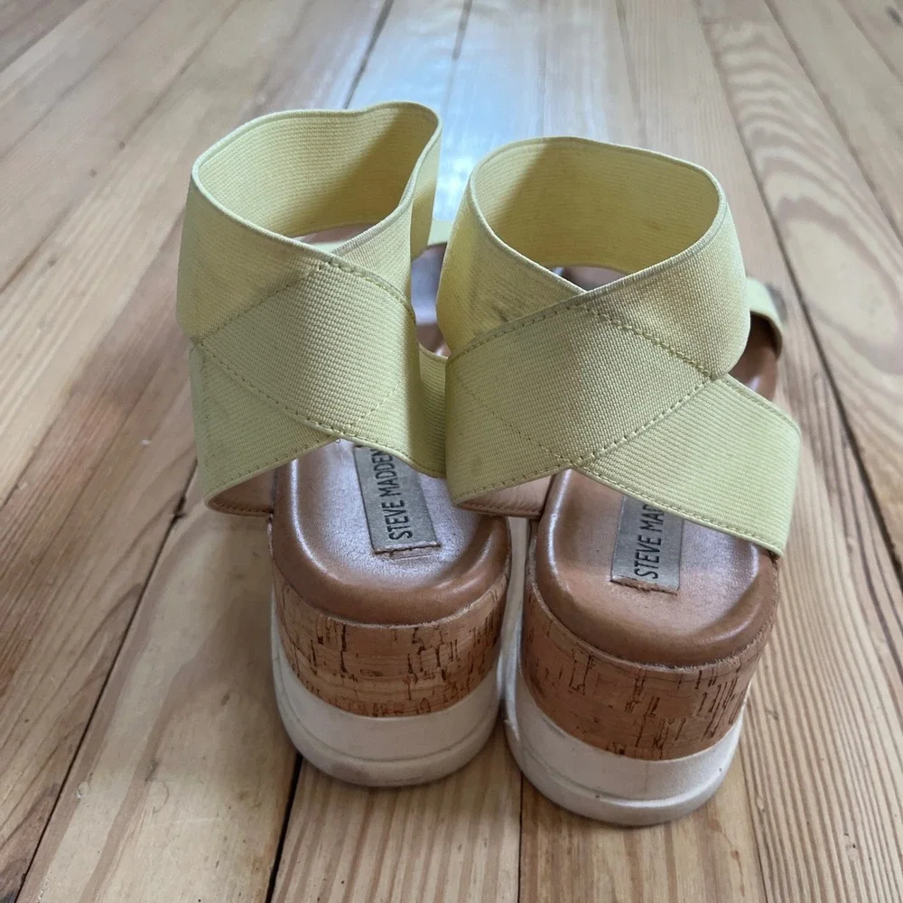 Steve Madden Elba‎ Lime Yellow Elastic Platform Cork Wedge Sandals 7.5M ELBA01S1